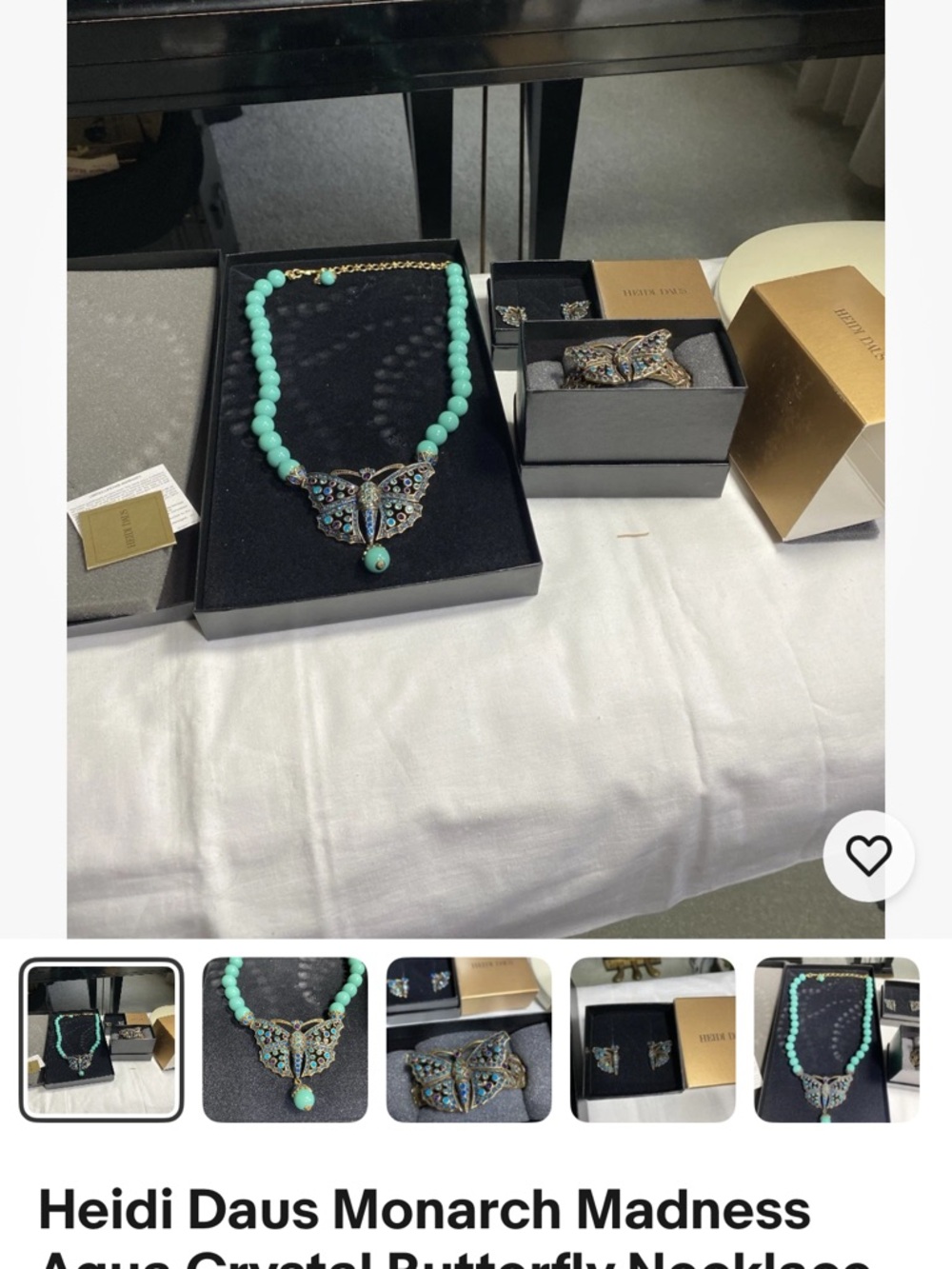Heidi Daus Mint-Aqua Crystal Butterfly Necklace Bracelet Clip on Earrings
